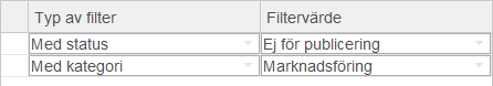 Filter för att välja ut objekt med
            en viss status och kategori.