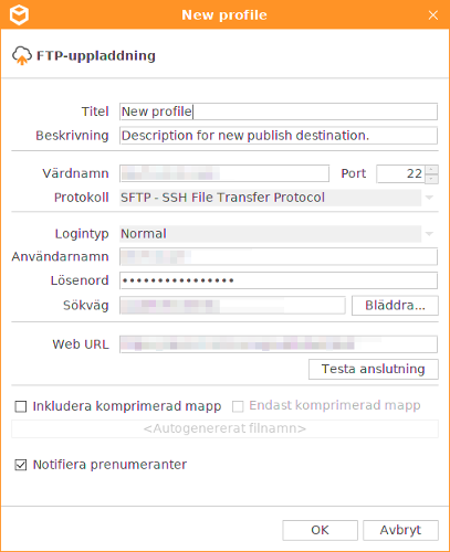 FTP-uppladdningsprofil med "Notifiera prenumeranter" påslaget