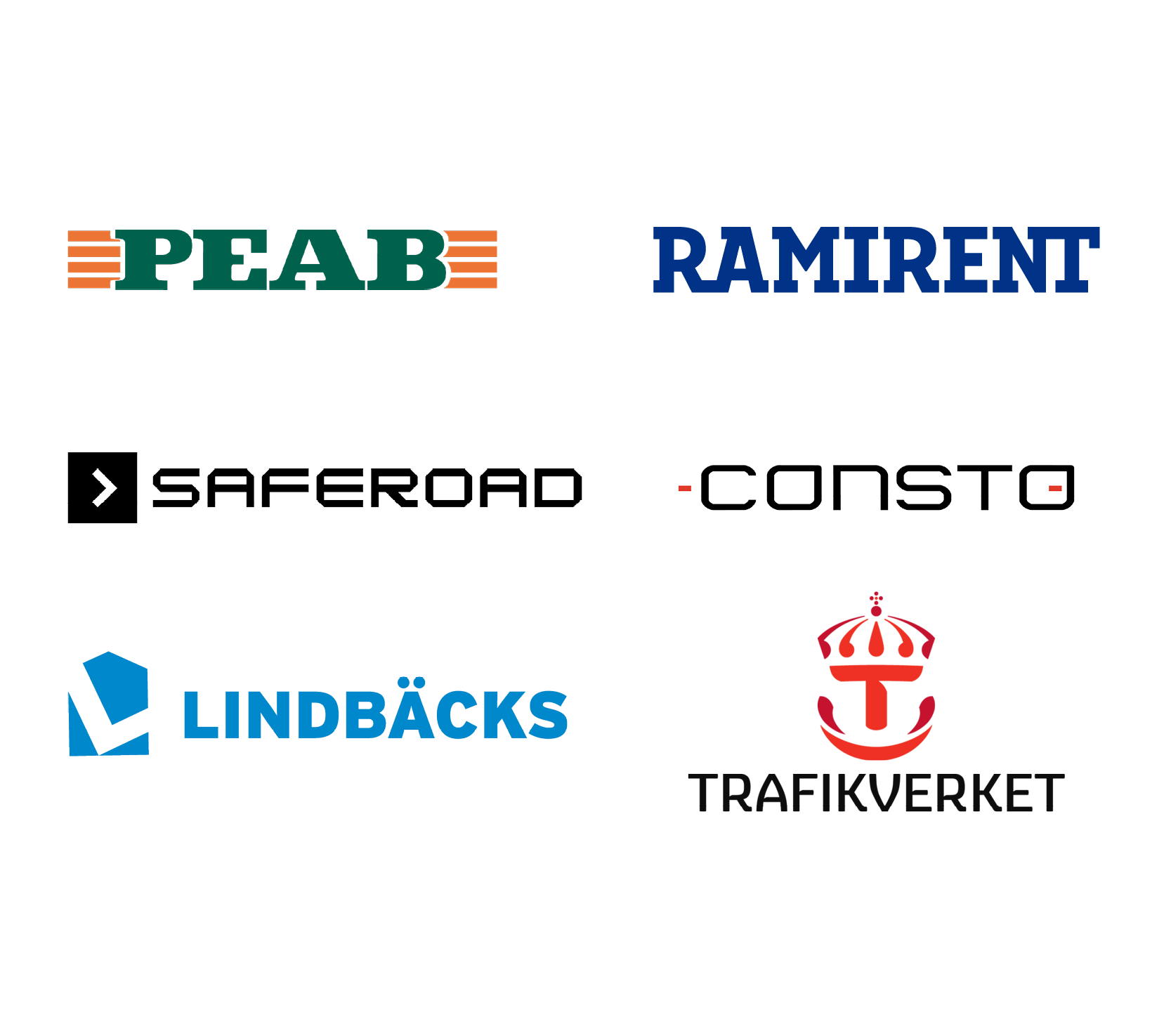 Logotyper &ouml;ver Peab, Ramirent, Saferoad, Consto, Lindb&auml;cks Bygg AB samt Trafikverket.