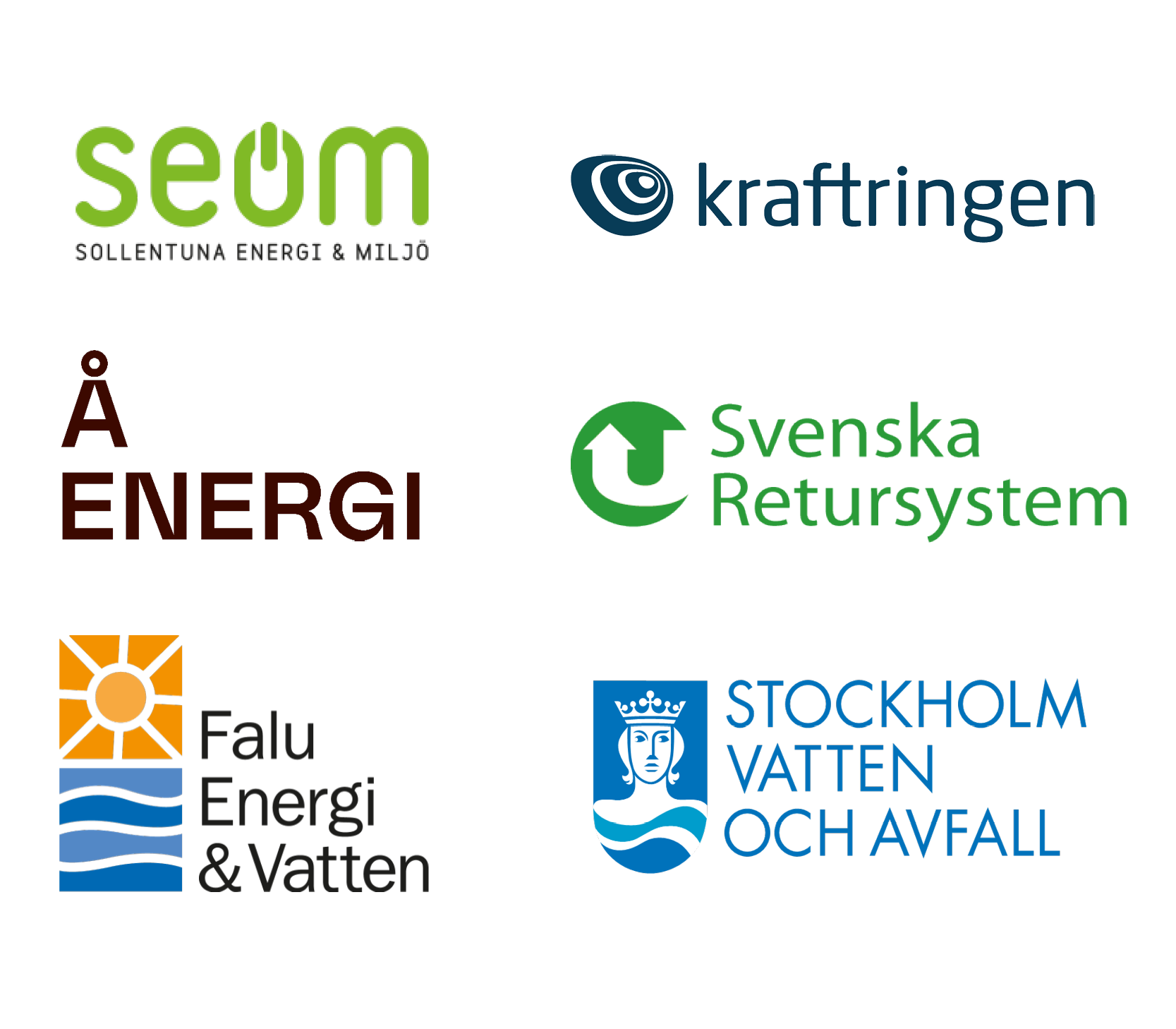 Logotyper f&ouml;r SEOM, Kraftringen, &Aring; Energi, Svenska Retursystem, Falu Energi och vatten samt Stockholm vatten och avfall.