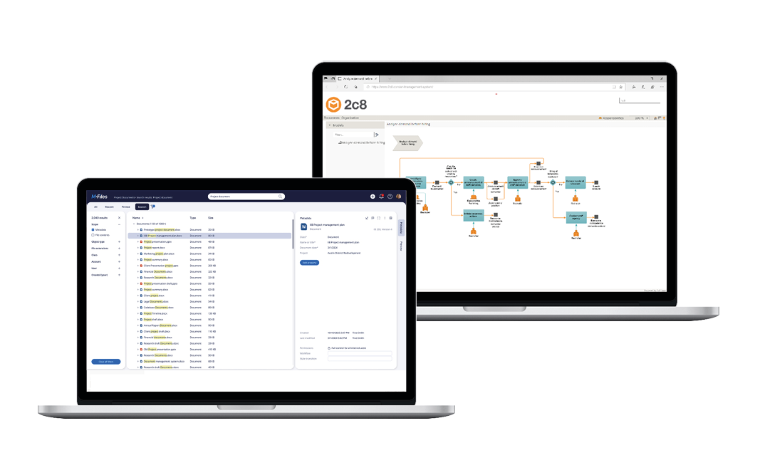 Bild av två laptops med 2c8 Apps som visas på ena och M-Files på andra.