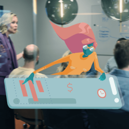 Ett foto av medarbetare p&aring; 2c8 i bakgrunden och en illustration &ouml;ver en kvinna som h&aring;ller i en illustrerad version av en analys.