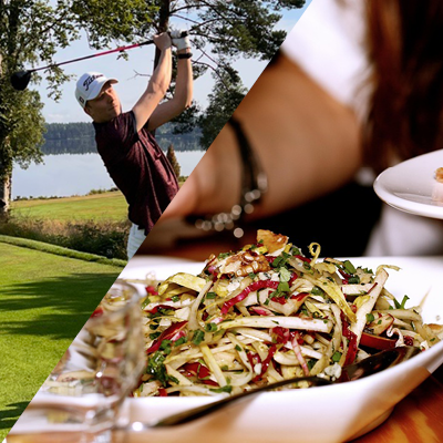 Bild som visar en golfspelare och en middag f&ouml;r Modelleringsforum